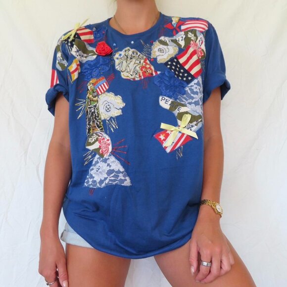 RUBY TUESDAY BLUE USA PATRIOTIC VINTAGE WOMENS TOP SHIRT SIZE LARGE - Picture 1 of 7